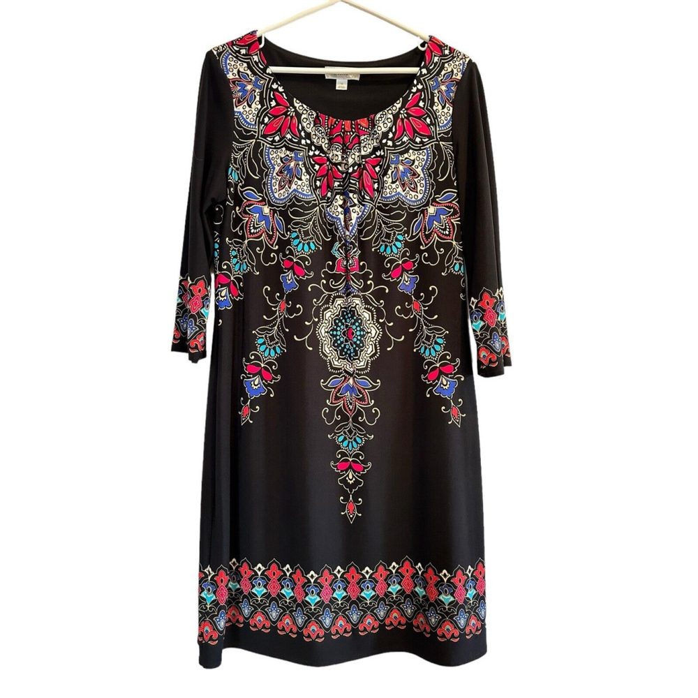 Dress Barn Multicolored Floral Summer Dress Womens 12 Black 3/4 Sleeves Scoop